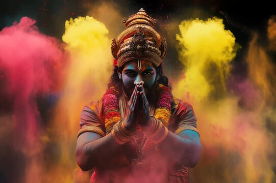 krishna in front of explosion holi powder. Svayam Bhagavan, Brahman Krishnaism-Vaishnavism, Avatar of Vishnu, Dashavatara, Radha Krishna, Krishna Janmashtami, Holi, Gopastami, Govardhan Puja