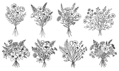 Fototapeta premium 様々な草花の花束の白黒の線画ベクターイラスト/シンプルでおしゃれな手書きのラインアート/ 記念日のギフト