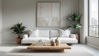 A modern living room interior features a comfortable sofa as central furniture in a contemporary home design