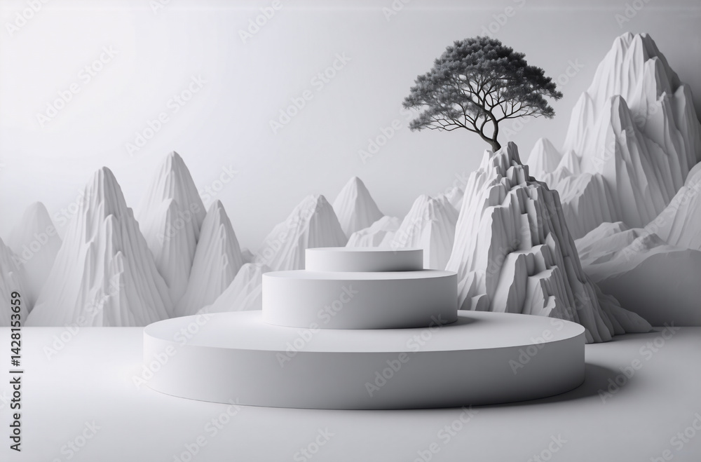 Aufkleber serene minimalist scene: three white cylindrical platforms set against a stylized, monochrome mounta