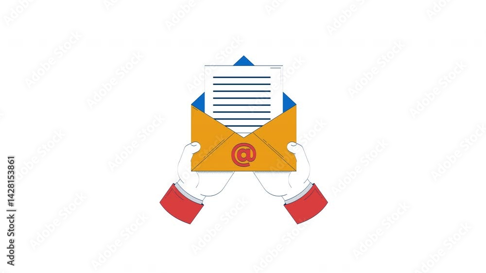 Poster hands holding open email envelope with document hand drawn 2d animation. digital correspondence and 