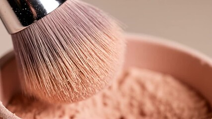 Close-up of makeup brush applying powder with soft bristles capturing fine particles in bright setting