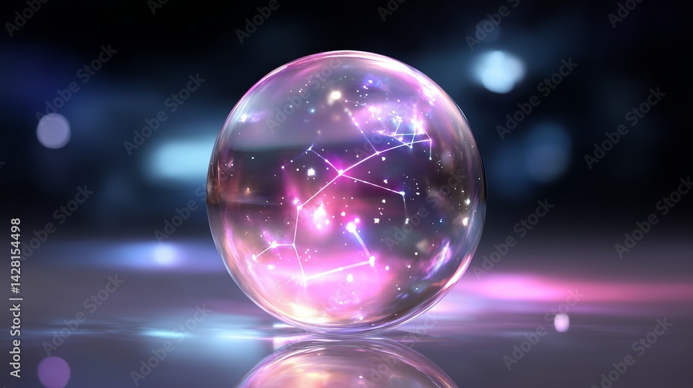 Poster cosmic bubble with glowing stars and constellations reflecting in a dreamy space setting