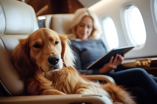 Luxury Travel Pet Golden Retriever Woman Private Jet Relaxing Comfort
