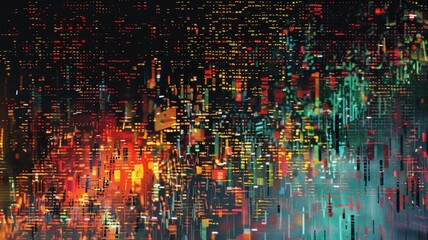 Abstract complex glitch with pixel effect in tech background use shading and glitches texture express mysterious design or complex flow through tiny object convey sense of future digital scene. AIG53.