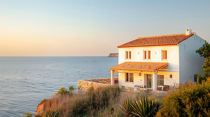 Luxury houses along Italian coast offer a breathtaking panoramic view of sparkling Mediterranean Sea, with warm sun casting a golden glow during a tranquil summer sunset, creating an idyllic and seren