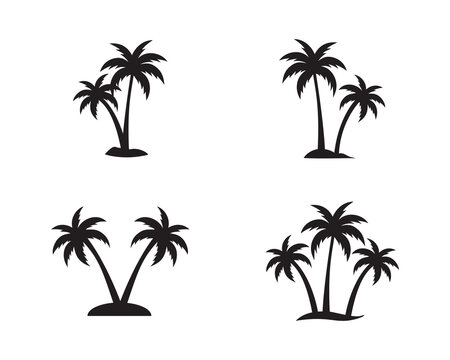 Set of tropical palm trees and coconut tree silhouette. Summer and beach concept isolated on white background