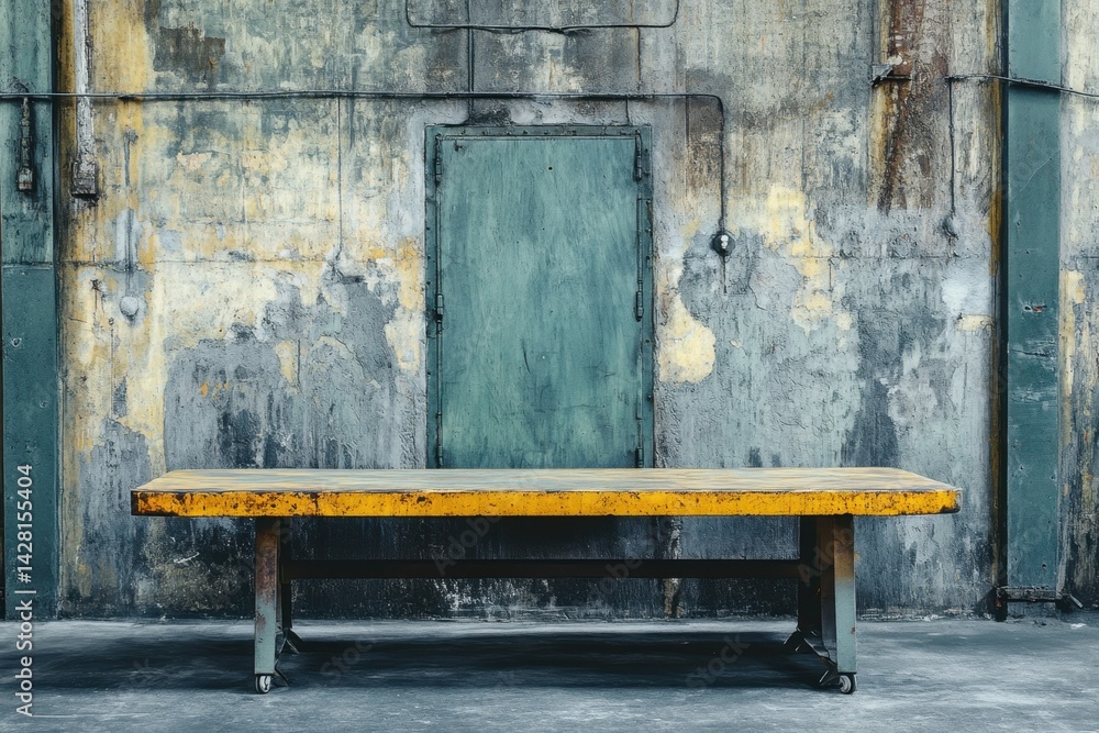 Poster a rustic industrial workshop table highlighted against a weathered wall, featuring a vibrant yellow 