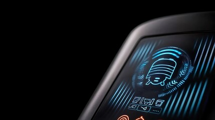 Close-up of a futuristic interface displaying digital icons and data visualization elements