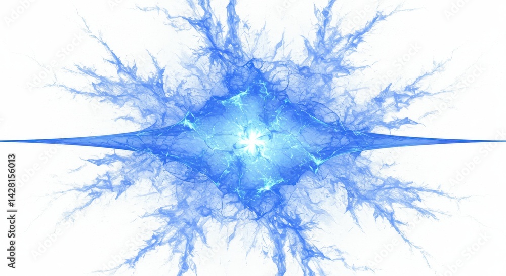 Poster abstract blue fractal design with a central glowing point on a white background artwork design
