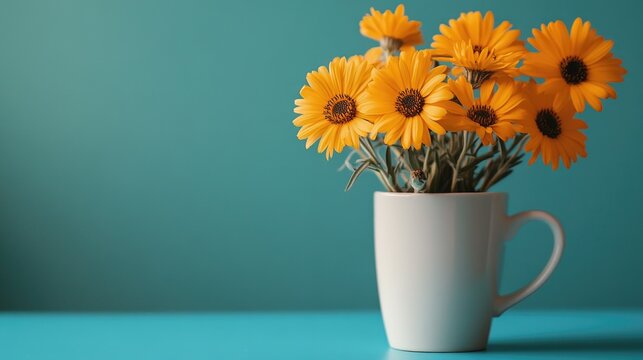 Bright yellow flowers in a white cup on a turquoise background create a cheerful atmosphere in a minimalist setting