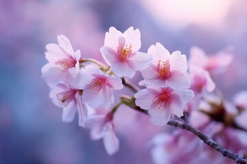 Obraz premium Cherry Blossom on Branch with Dew Drops