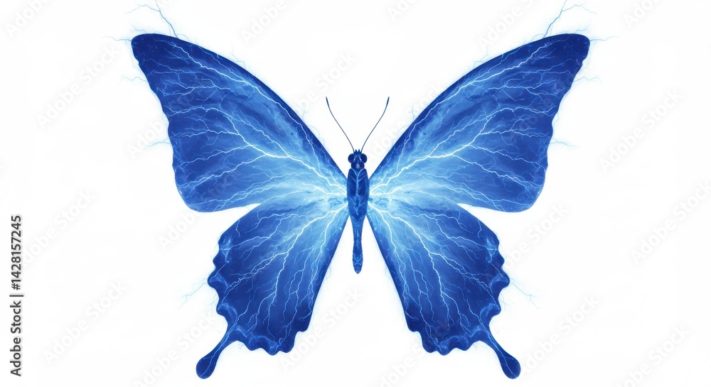 Poster a blue butterfly with lightning patterns on its wings against a white background centered in the fra