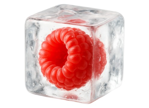 A cube of ice with raspberries inside on transparent background
