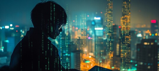 Silhouette Of A Person With Binary Code Overlay Working On Laptop In Front Of Cityscape At Night