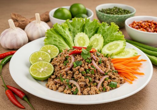 Authentic Thai Larb Gai dish served with fresh vegetables, and zesty lime