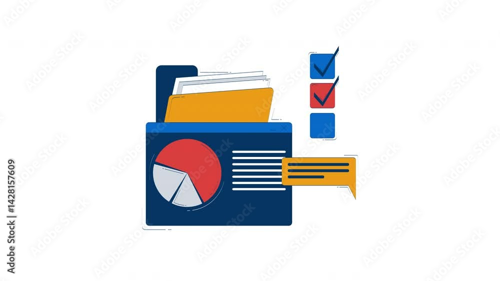 Aufkleber business dashboard with charts, files and checklist hand drawn 2d object animation. piechart, text l