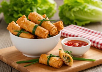 Crispy spring rolls and dipping sauce presented on a wooden board delight