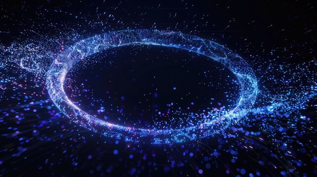 A striking visual of a glowing giant circle amidst a vibrant digital landscape. This abstract design features a tilting form that radiates energy and illumination, offering a captivating backdrop for