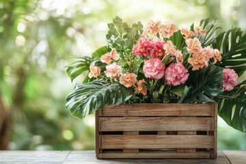 Fototapeta premium Wooden crate brimming with vibrant blossoms.
