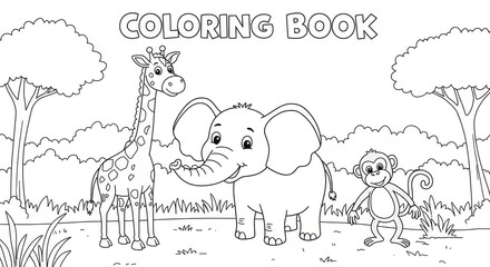 Fototapeta premium Playful savanna friends: coloring book page with giraffe, elephant, and monkey