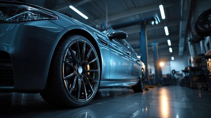 Sleek, modern vehicle in a professional auto repair shop.