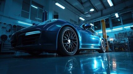 Sleek blue sports car in a modern auto repair garage.