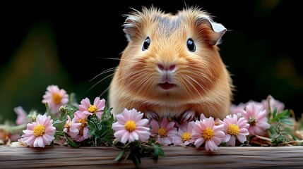 Guinea Pig Surrounded by Pink Flowers Close-up Adorable Pet Portrait