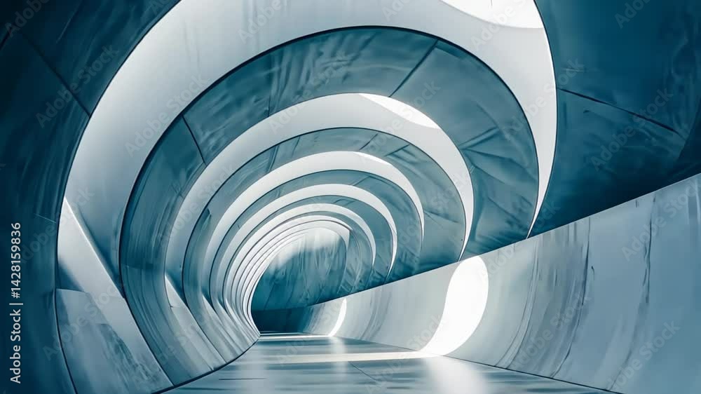 Poster exploring a futuristic architectural marvel adorned with flowing curves and soft lights in a surreal