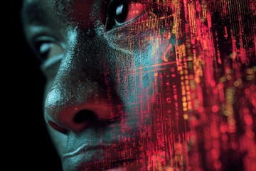 Digital overlay on a person's face depicts complex data streams.