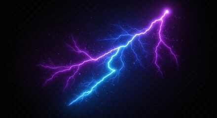 A vibrant display of blue and purple lightning strikes against a dark background with particles