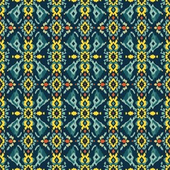 Vibrant Geometric Textile Pattern Seamless Ikat Design in Teal, Yellow, and Red