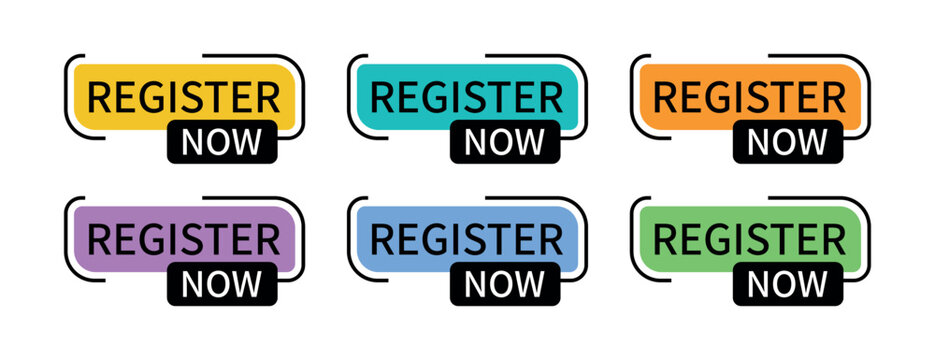 Colorful Register Now Buttons Set – Modern Call to Action Labels for Online Signup, Event Enrollment, Webinar RSVP, and Digital Form Submission Interface