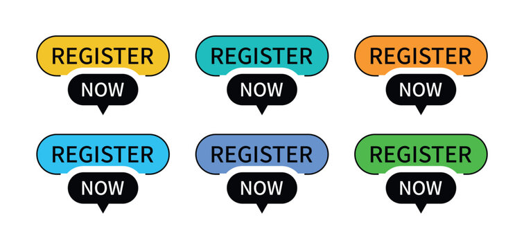 Colorful Register Now Callout Button Icons – Modern Clickable Labels for Webinar Signups, Online Courses, Event RSVP, App Interface, and Digital Registration UI Design