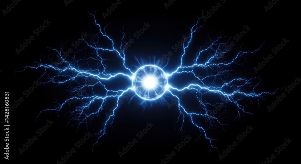 Poster a glowing orb surrounded by branching blue lightning strikes against a black background display of p