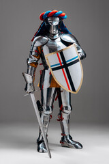 Fototapeta premium Medieval Knight in Full Armor With Shield and Sword Displaying Strength..