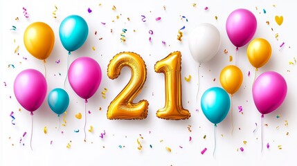 Golden Number 21 Balloons with Colorful Festive Balloons and Confetti for 21st Birthday Celebration