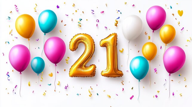 Golden Number 21 Balloons with Colorful Festive Balloons and Confetti for 21st Birthday Celebration