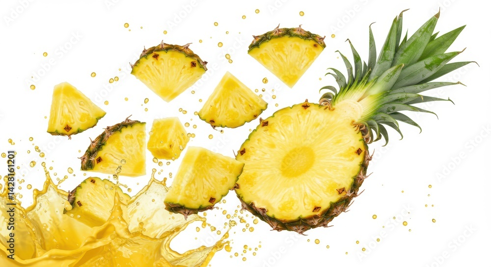 Aufkleber a pineapple with slices and juice splashing on a white background in a studio shot style photo