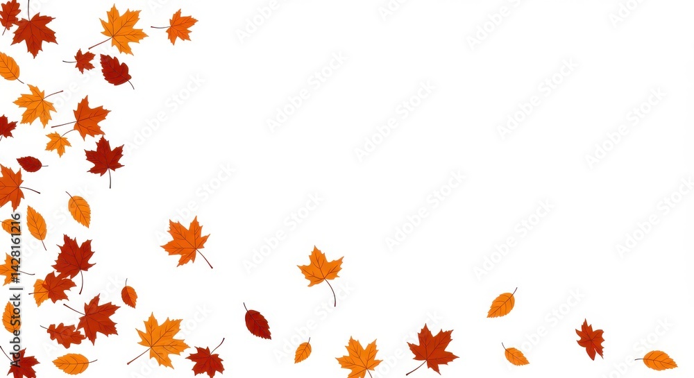 Poster autumn leaves of various colors scattered on a white background creating a natural frame effect