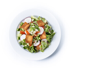 Fattoush salad, Traditional Lebanese Salad isolated on white background. Top view. Copy space