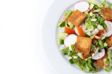 Fattoush salad, Traditional Lebanese Salad isolated on white background. Top view. Copy space