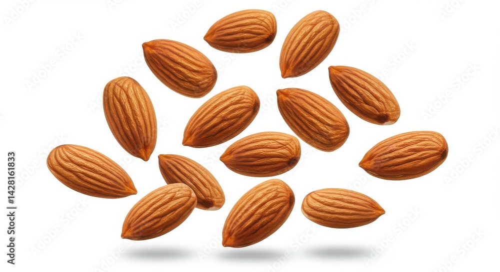 Aufkleber scattered almonds on a white background creating a visually appealing and healthy snack presentation