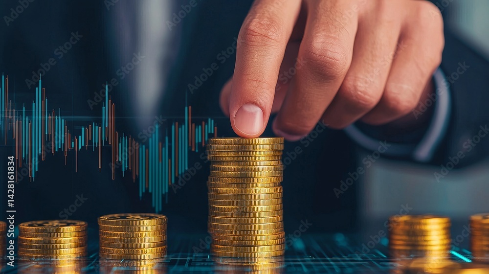 Poster hand stacking coins with a financial graph in the background.