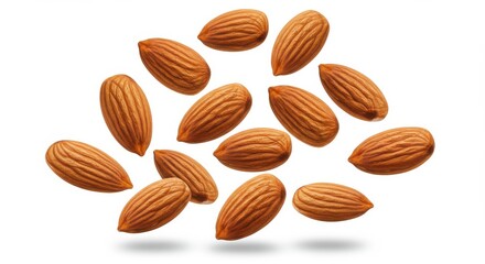 Scattered almonds on a white background creating a visually appealing and healthy snack presentation