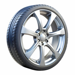 Obraz premium Car Wheel Isolated on White Background, Featuring a Sleek Rim Design and Sturdy Tire