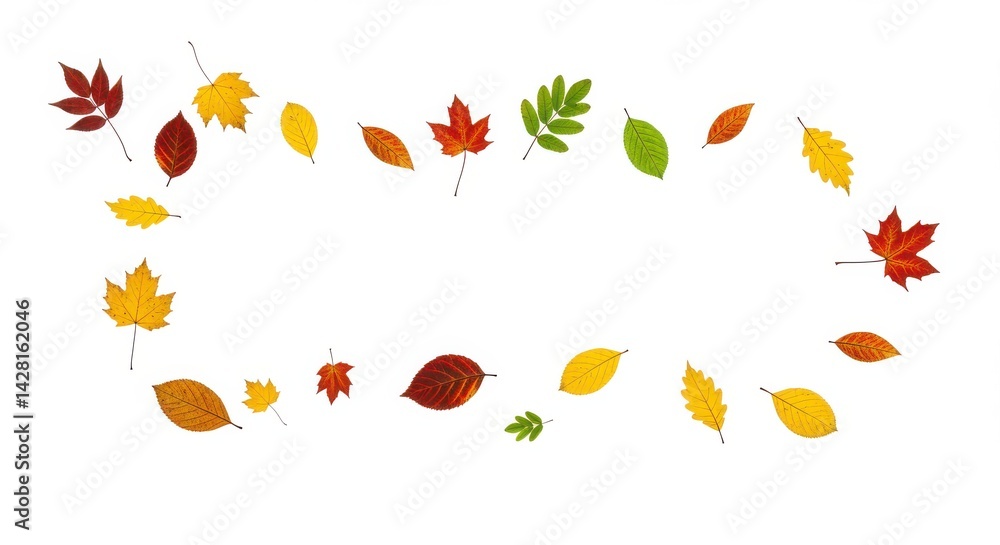 Poster assorted colorful autumn leaves arranged in a semi circle on a stark white background creating a fra