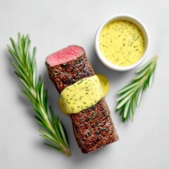 Chateaubriand filet with Bearnaise sauce, luxurious composition, white minimal scene