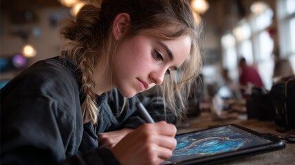 A passionate young artist focuses on her digital tablet, meticulously bringing her artistic vision to life. Dappled sunlight enhances the creative vibe within a bustling cafe