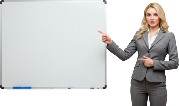 Businesswoman Presenting Pointing at Blank Whiteboard Corporate Presentation Studio Shot